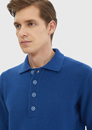 Saks Polo Yaka Düz Örgü Yün Karışımlı Triko Kazak