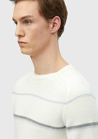 Ekru Bisiklet Yaka Çizgili Yün Karışımlı Triko Kazak
