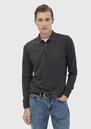 Antrasit Polo Yaka Düz Örgü Yün Karışımlı Triko Kazak