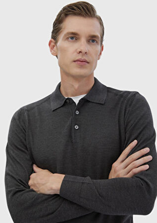 Antrasit Polo Yaka Düz Örgü Yün Karışımlı Triko Kazak