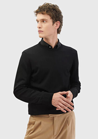 Siyah Bisiklet Yaka Jakarlı Triko Kazak