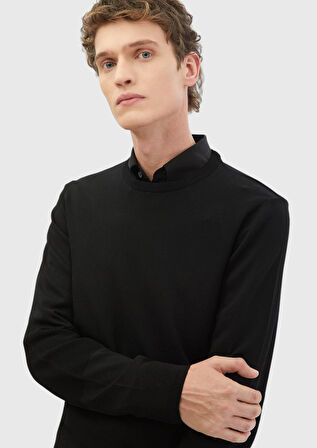 Siyah Bisiklet Yaka Jakarlı Triko Kazak