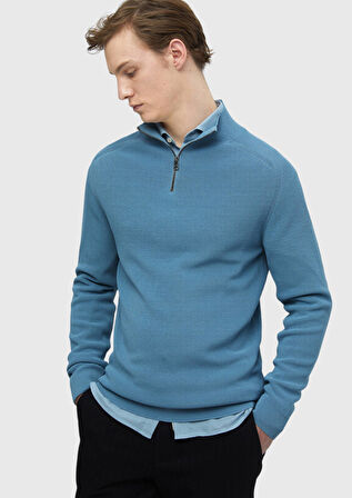 Mavi Yarım Balıkçı Yaka Jakarlı Triko Kazak