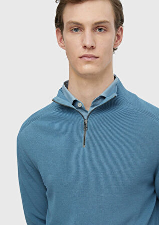 Mavi Yarım Balıkçı Yaka Jakarlı Triko Kazak