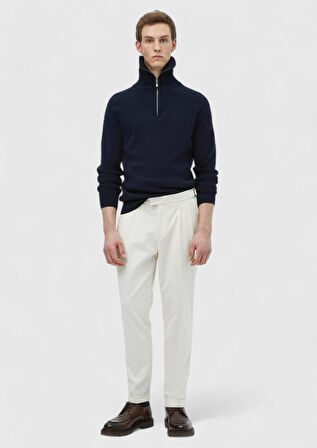 Ekru Düz Dokuma Carrot Fit Casual Pamuk Karışımlı Pantolon