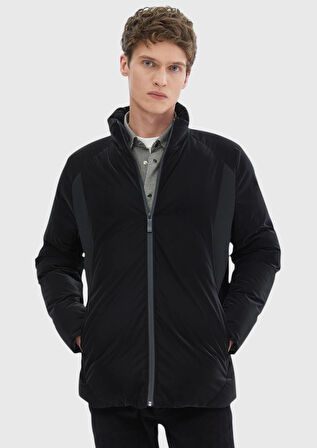 Siyah Regular Fit Dik Yaka Casual Dokuma Mont