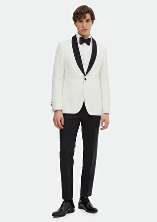 Ekru Düz Modern Fit Şal Yaka Dokuma Smokin Takım Elbise