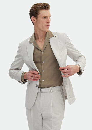 Bej Düz Zeroweight Slim Fit Pamuk Karışımlı Takım Elbise