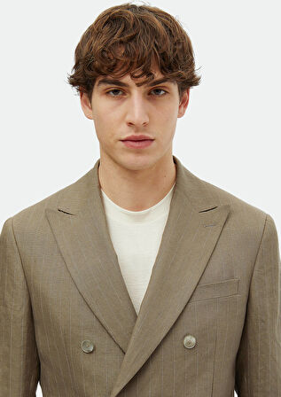 Haki Çizgili Zeroweight Slim Fit Keten Karışımlı Ceket