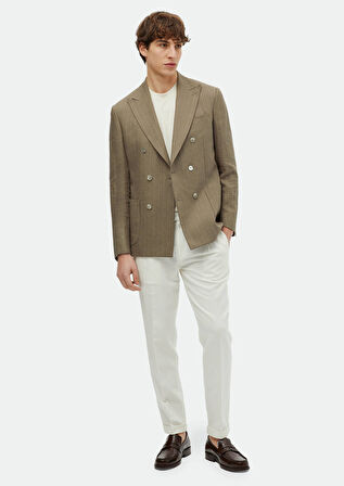 Haki Çizgili Zeroweight Slim Fit Keten Karışımlı Ceket