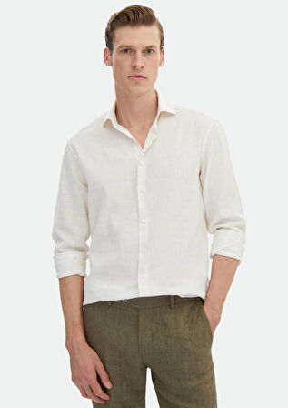 Ekru Baskılı Regular Fit Dokuma Casual %100 Keten Gömlek