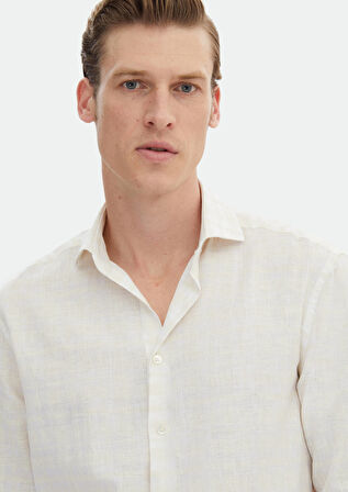 Ekru Baskılı Regular Fit Dokuma Casual %100 Keten Gömlek