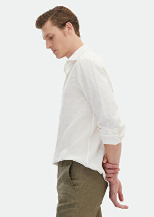 Ekru Baskılı Regular Fit Dokuma Casual %100 Keten Gömlek