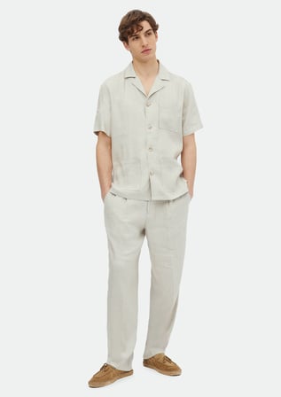 Bej Düz Casual Fit Dokuma Keten Karışımlı Overshırt