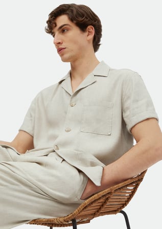 Bej Düz Casual Fit Dokuma Keten Karışımlı Overshırt