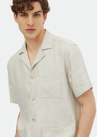 Bej Düz Casual Fit Dokuma Keten Karışımlı Overshırt
