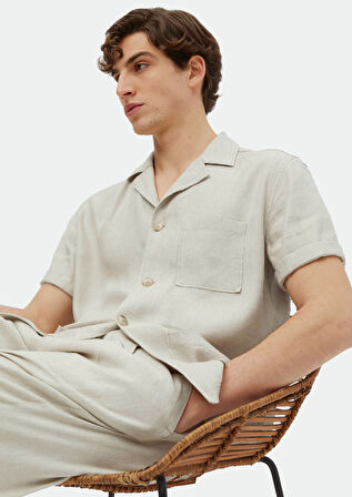 Bej Düz Casual Fit Dokuma Keten Karışımlı Overshırt