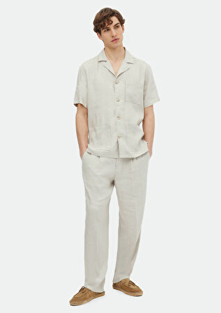 Bej Düz Casual Fit Dokuma Keten Karışımlı Overshırt