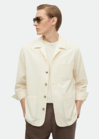 Ekru Düz Casual Fit Dokuma Pamuk Karışımlı Overshırt