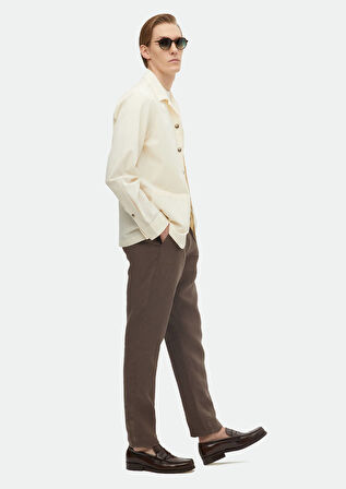 Ekru Düz Casual Fit Dokuma Pamuk Karışımlı Overshırt