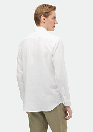 Beyaz Düz Regular Fit Dokuma Casual %100 Keten Gömlek