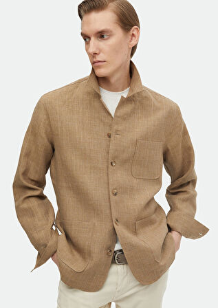 Vizon Düz Regular Fit Dokuma %100 Keten Overshırt