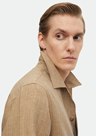 Vizon Düz Regular Fit Dokuma %100 Keten Overshırt