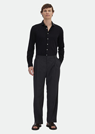 Siyah Düz Regular Fit Casual Pamuk Karışımlı Gömlek