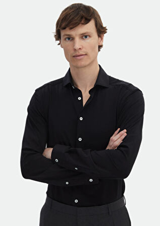 Siyah Düz Regular Fit Casual Pamuk Karışımlı Gömlek