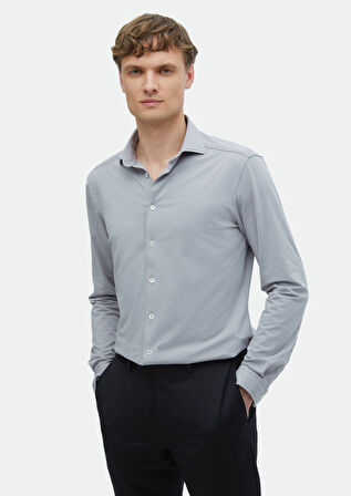 Gri Düz Regular Fit Casual Pamuk Karışımlı Gömlek