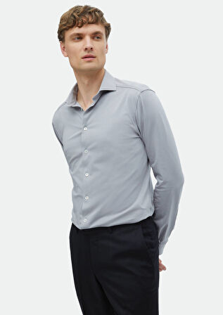 Gri Düz Regular Fit Casual Pamuk Karışımlı Gömlek