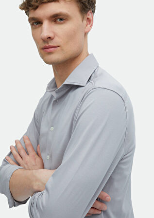 Gri Düz Regular Fit Casual Pamuk Karışımlı Gömlek