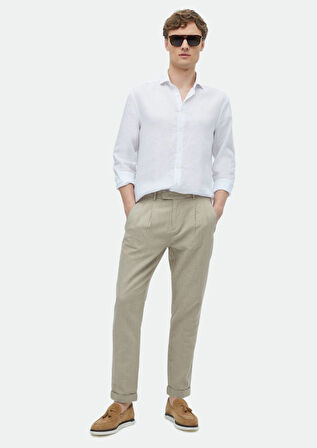 Beyaz Düz Regular Fit Dokuma Casual %100 Keten Gömlek