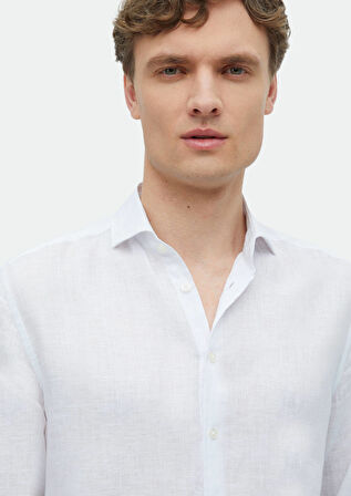 Beyaz Düz Regular Fit Dokuma Casual %100 Keten Gömlek