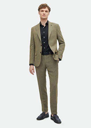 Vizon Çizgili Zeroweight Slim Fit Keten Karışımlı Takım Elbise
