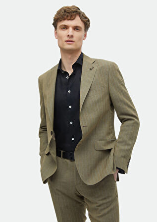 Vizon Çizgili Zeroweight Slim Fit Keten Karışımlı Takım Elbise