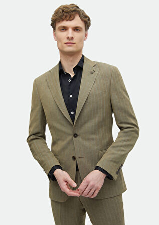 Vizon Çizgili Zeroweight Slim Fit Keten Karışımlı Takım Elbise