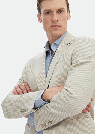 Bej Çizgili Zeroweight Slim Fit Pamuk Karışımlı Ceket