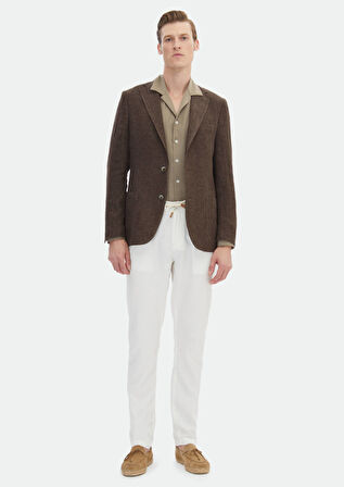 Kahverengi Desenli Shirt Shoulder Slim Fit %100 Keten Ceket