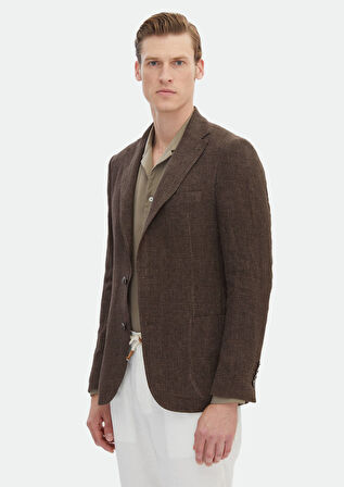 Kahverengi Desenli Shirt Shoulder Slim Fit %100 Keten Ceket