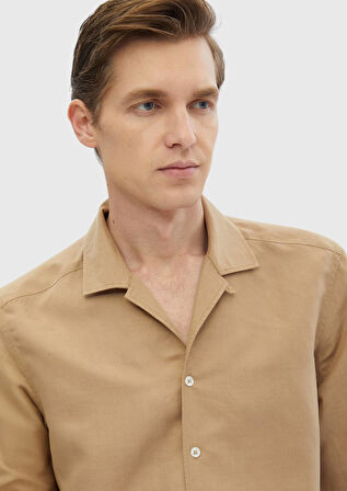 Deve Tüyü Düz Regular Fit Dokuma Casual Keten Karışımlı Gömlek