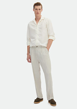 Beyaz Düz Regular Fit Dokuma Casual Keten Karışımlı Gömlek