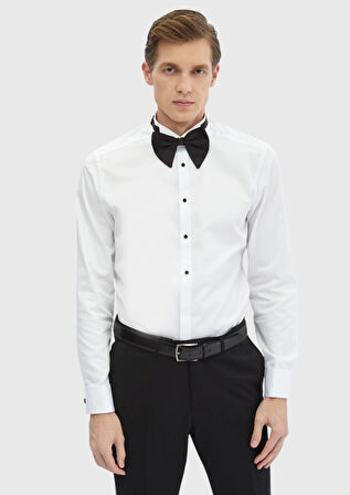 Beyaz Düz Slim Fit Duble Manşet Ata Yaka Smokin Gömlek