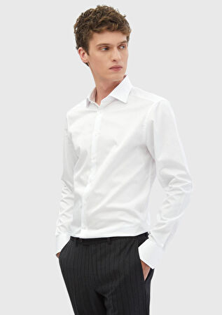 Beyaz Düz Slim Fit Dokuma Klasik %100 Pamuk Gömlek