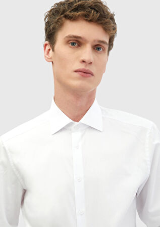 Beyaz Düz Slim Fit Dokuma Klasik %100 Pamuk Gömlek