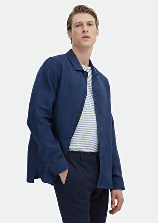 Lacivert Düz Regular Fit Dokuma %100 Keten Overshırt