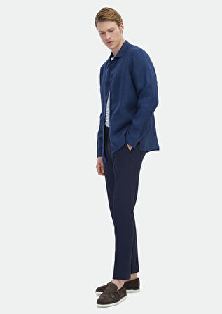 Lacivert Düz Regular Fit Dokuma %100 Keten Overshırt