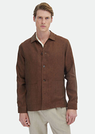 Kiremit Düz Regular Fit Dokuma %100 Keten Overshırt