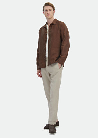 Kiremit Düz Regular Fit Dokuma %100 Keten Overshırt