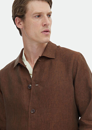 Kiremit Düz Regular Fit Dokuma %100 Keten Overshırt